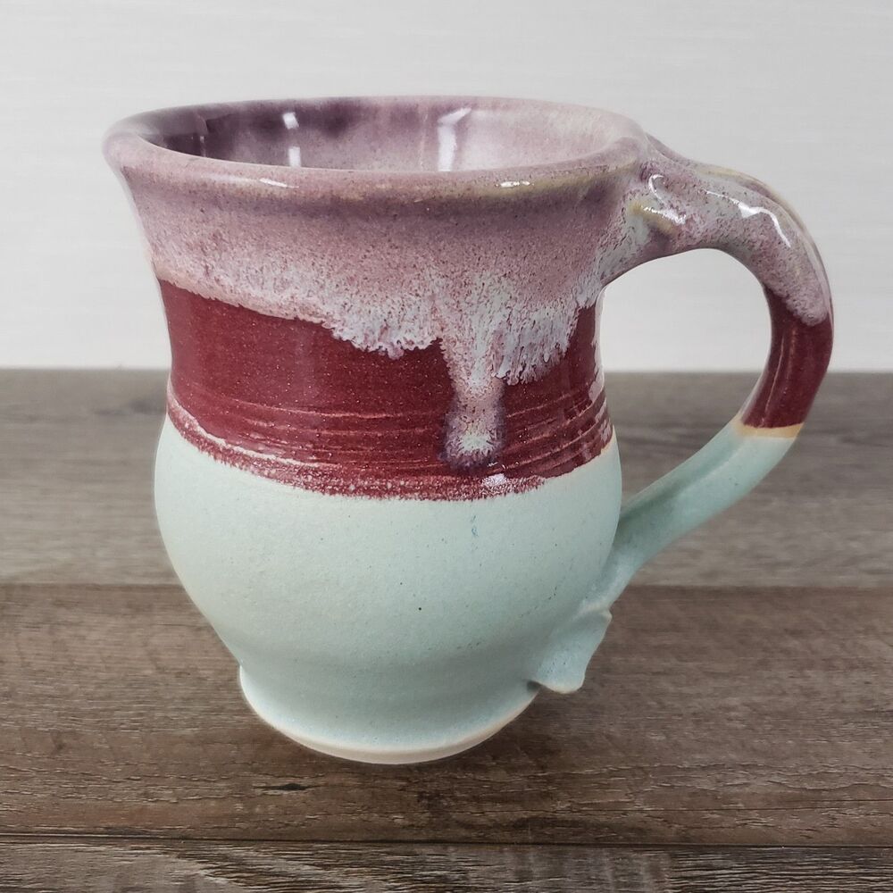 Studio Art Pottery Mug Drip Layered Glaze Pulled Handle Signed 15oz